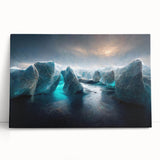 Stretched canvas artwork showcasing a serene glacier landscape design, featuring icy blues and whites, perfect for modern home decor or office settings.