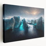 Stretched canvas wall art showcasing a stunning glacier landscape design in vibrant blues and whites, perfect for enhancing modern home decor.