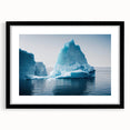 Framed wall art showcasing a stunning glacier landscape design, featuring a black frame and white mat, ideal for modern home decor. Perfect for nature enthusiasts.