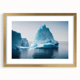 Framed wall art featuring a stunning glacier landscape design, presented with a gold border and mat, perfect for home decor or office enhancement.