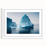 Framed wall art featuring a stunning glacier landscape design, presented with a white mat, enhancing the serene blue and icy tones of the artwork. Ideal for modern home decor.