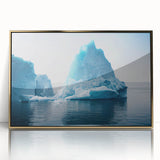 Framed acrylic wall art featuring a stunning glacier landscape design with gold accents, highlighting the icy blues and whites of the scene for a striking home decor piece.