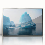 Framed acrylic wall art featuring a stunning glacier landscape design, showcased in a sleek silver frame, ideal for enhancing modern home decor.
