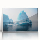 Framed acrylic wall art showcasing a stunning glacier landscape design, featuring vibrant blue and white colors, elegantly presented in a modern white frame. Perfect for home decor enthusiasts seeking nature-inspired artwork.