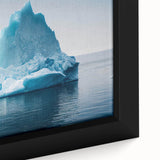 Framed canvas wall art showcasing a stunning close-up of a glacier landscape design, featuring vibrant blues and whites, perfect for home decor enthusiasts.
