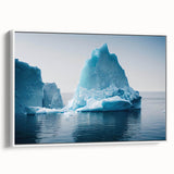 Framed canvas wall art featuring a stunning glacier landscape design, showcasing vibrant blues and whites, perfect for modern home decor. The side view highlights its elegant frame and artistic details.