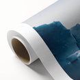 Rolled canvas art showcasing a stunning glacier landscape design, featuring icy blues and white hues, elegantly packaged in a protective cardboard tube. Ideal for modern home decor.