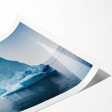 Vivid rolled print of a glacier landscape, showcasing icy blue hues and rugged mountain textures, designed for stunning wall art decor in home settings.