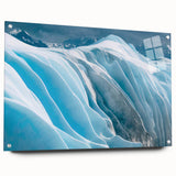 Acrylic glass wall art showcasing a stunning glacier landscape design in vibrant colors, displayed in a modern setting with pins for easy hanging. This piece adds a touch of nature-inspired elegance to any interior decor.