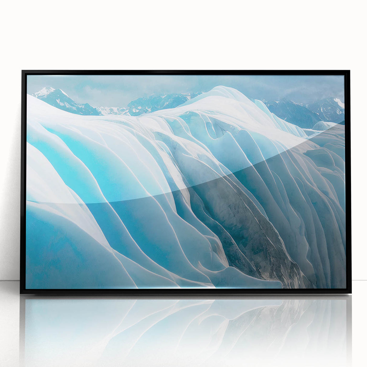 Framed acrylic wall art featuring a stunning glacier landscape design, showcasing vibrant blue and white tones, perfect for modern home decor.