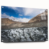 Acrylic glass wall art showcasing a stunning glacier landscape design, displayed from a side view with decorative pins, emphasizing vibrant colors and intricate details. Perfect for enhancing modern home decor with nature-inspired themes.