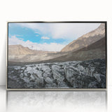 Framed acrylic wall art showcasing a stunning glacier landscape design with silver accents, ideal for modern home decor and enhancing interior aesthetics.