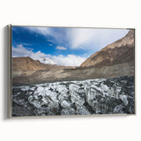 Framed wall art featuring a stunning glacier landscape design, presented in a sleek silver frame, showcasing ice formations and serene blue hues, perfect for nature enthusiasts.