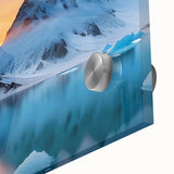 Close-up of a stunning acrylic glass wall art piece showcasing a vibrant glacier landscape design, featuring rich blues and whites that evoke a sense of tranquility and natural beauty. Perfect for enhancing modern home decor.