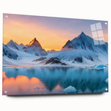 Acrylic glass wall art featuring a stunning glacier landscape design, displayed from the side with visible mounting pins, perfect for modern decor.