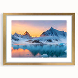 Framed wall art featuring a stunning glacier landscape design in gold frame with matting, ideal for modern home decor. Perfect for enhancing any room's aesthetic.