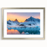 Framed wall art featuring a stunning glacier landscape design, elegantly matted and presented in a sleek silver frame, perfect for contemporary home decor.