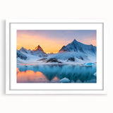 Framed wall art showcasing a stunning glacier landscape design in a white mat and frame, perfect for modern home decor and nature-inspired aesthetics.
