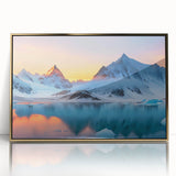 Framed acrylic wall art featuring a stunning glacier landscape design with gold accents, ideal for modern home decor, showcasing vibrant blues and whites.
