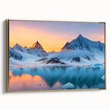 Framed canvas wall art featuring a stunning glacier landscape design in a gold frame, showcasing vibrant blues and whites, perfect for modern home decor.