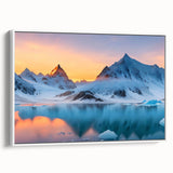 Framed canvas wall art showcasing a stunning glacier landscape design, featuring cool blue and white tones, elegantly displayed from a side view against a white background.