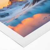 Stunning rolled canvas artwork depicting a serene glacier landscape in cool blue and white tones, perfect for home decor and nature enthusiasts, presented in a protective tube.