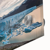 Close-up of a stunning acrylic glass wall art piece showcasing a vibrant glacier landscape design, featuring rich blues and whites that capture the essence of nature's beauty. Perfect for modern home decor, this artwork adds a serene touch to any space.