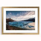 Framed wall art featuring a stunning glacier landscape design with a gold mat, ideal for enhancing home decor with a natural aesthetic. This piece captures the serene beauty of glacial formations, making it a perfect addition to any art collection or living space.