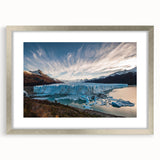 Framed wall art featuring a stunning glacier landscape design with a silver mat and frame, ideal for modern home decor, capturing the beauty of nature.