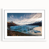 Framed white mat showcasing a stunning landscape wall art design featuring a serene glacier scene, perfect for home decor or office space enhancement.