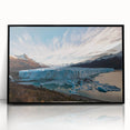 Framed acrylic wall art showcasing a stunning glacier landscape design, featuring vibrant blues and whites, set in a sleek black frame, ideal for modern decor.