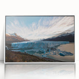 Framed wall art collection showcasing a stunning glacier landscape design, featuring vibrant blue and white hues, elegantly displayed in a sleek white frame. Perfect for enhancing modern home decor.