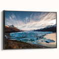 Framed canvas wall art featuring a stunning glacier landscape design, showcasing icy blues and whites with a sleek black frame, ideal for modern decor.