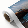 Stunning rolled canvas wall art depicting a breathtaking glacier landscape with vibrant blues and whites, showcasing the beauty of nature in a protective tube.
