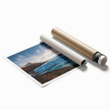 Glacier-inspired landscape wall art print showcasing vibrant blues and whites, rolled for easy shipping, perfect for modern home decor.