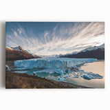 Stretched canvas wall art depicting a stunning glacier landscape, showcasing icy blue tones and intricate details, ideal for modern home decor or nature enthusiasts.