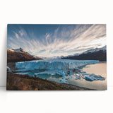 Stretched canvas wall art featuring a stunning glacier landscape design, showcasing icy blues and whites, perfect for adding a serene touch to modern decor.