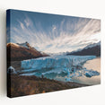 Stretched canvas wall art showcasing a stunning glacier landscape design in vibrant blue and white colors, ideal for modern home decor and nature enthusiasts.