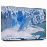 Acrylic glass wall art featuring a stunning glacier landscape design, displayed in a side view with decorative pins. Ideal for adding a serene touch to modern home decor.