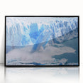 Framed black acrylic wall art featuring a stunning glacier landscape design, showcasing vibrant blues and whites, perfect for modern home decor.