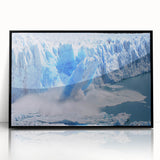 Framed black acrylic wall art featuring a stunning glacier landscape design, showcasing vibrant blues and whites, perfect for modern home decor.