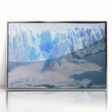 Framed acrylic wall art showcasing a stunning glacier landscape design in silver, perfect for modern home decor. The artwork features vibrant blues and whites, capturing the essence of nature's beauty.