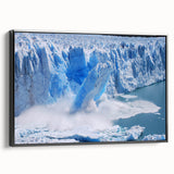 Framed canvas wall art showcasing a stunning glacier landscape design in a black frame, viewed from the side with a modern aesthetic for home decor. Perfect for nature lovers.