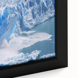 Framed canvas wall art featuring a stunning close-up of a glacier landscape design, showcasing vibrant blues and whites, perfect for home decor enthusiasts.