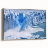 Framed wall art showcasing a stunning glacier landscape design in gold accents, perfect for elegant home decor, with a side view highlighting its canvas texture.