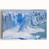 Stretched canvas wall art showcasing a stunning glacier landscape design in vibrant blues and whites, perfect for enhancing home decor with a serene, natural vibe.