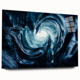 Acrylic glass wall art showcasing a stunning glacier landscape design, featuring vibrant blues and whites, elegantly displayed from a side view, perfect for home décor.