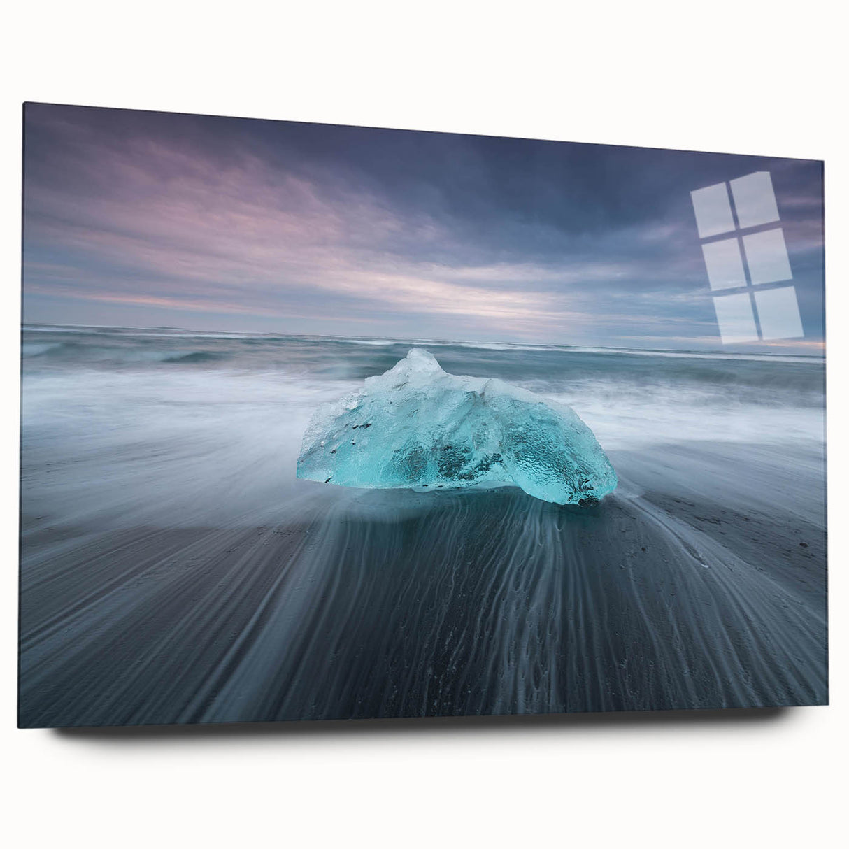 Acrylic glass wall art piece showcasing a stunning glacier landscape design, emphasizing cool blues and whites, perfect for modern home decor.  This side view highlights its sleek edges, enhancing any interior space.