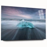 Acrylic glass wall art piece showcasing a stunning glacier landscape design, emphasizing cool blues and whites, perfect for modern home decor.  This side view highlights its sleek edges, enhancing any interior space.