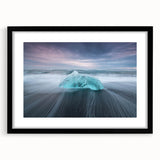 Framed wall art featuring a stunning glacier landscape design, with a sleek black frame and mat, showcasing icy blues and whites, perfect for modern decor.